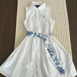 White Sleeveless Kids Dress with Blue Floral Belt